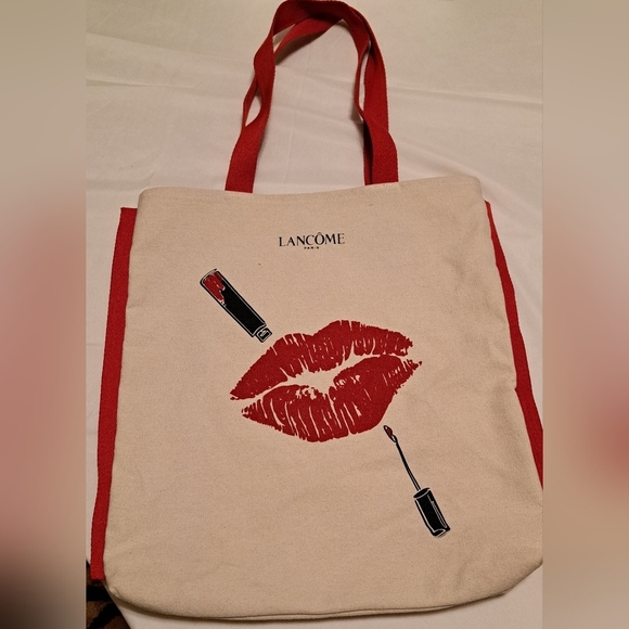 Lancome Canvas Tote Beach Grocery Reusable Bag Red Lips Khaki - Picture 1 of 7